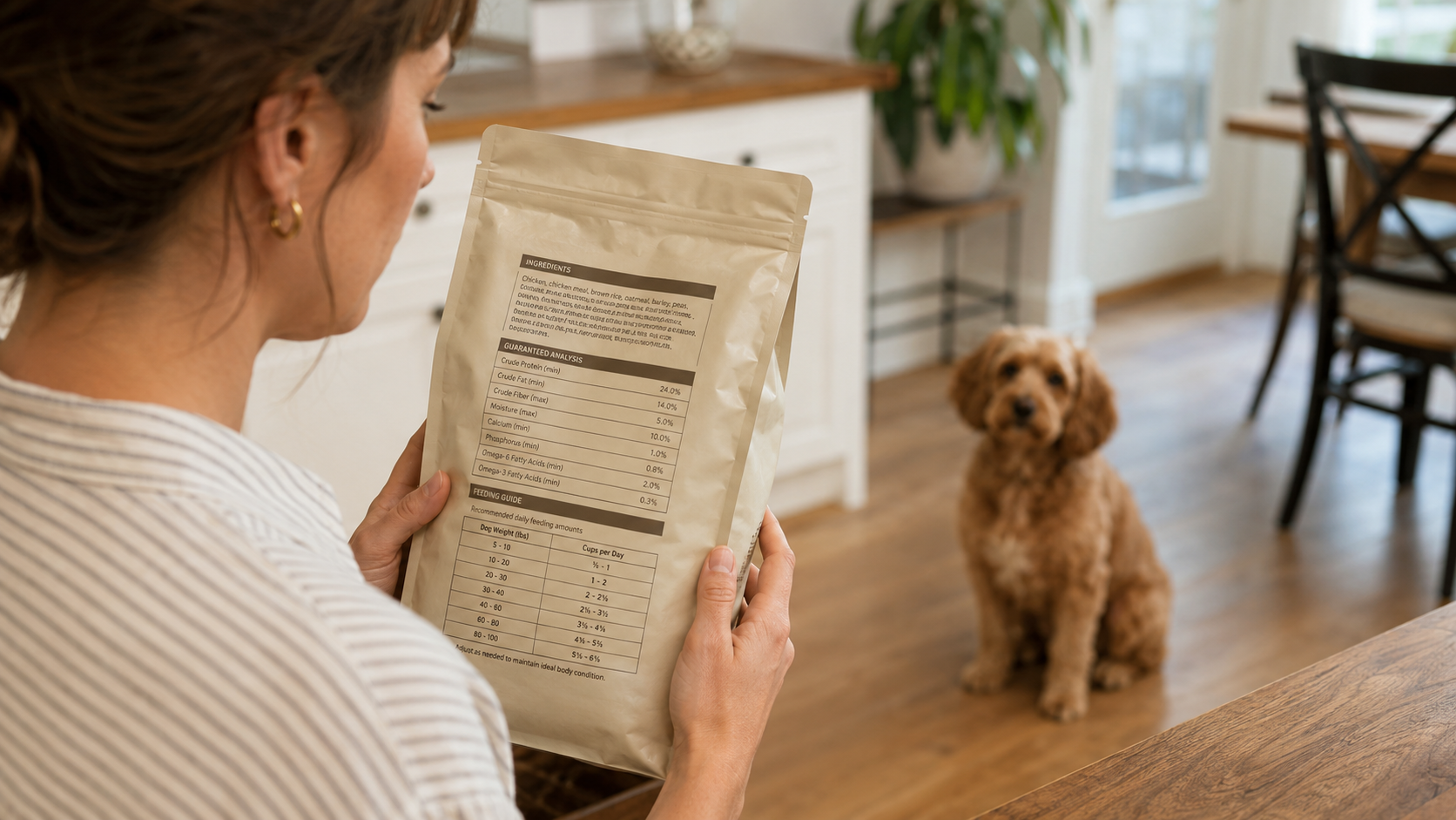 Pet owner reading the ingredient list on a grain-free dog food package