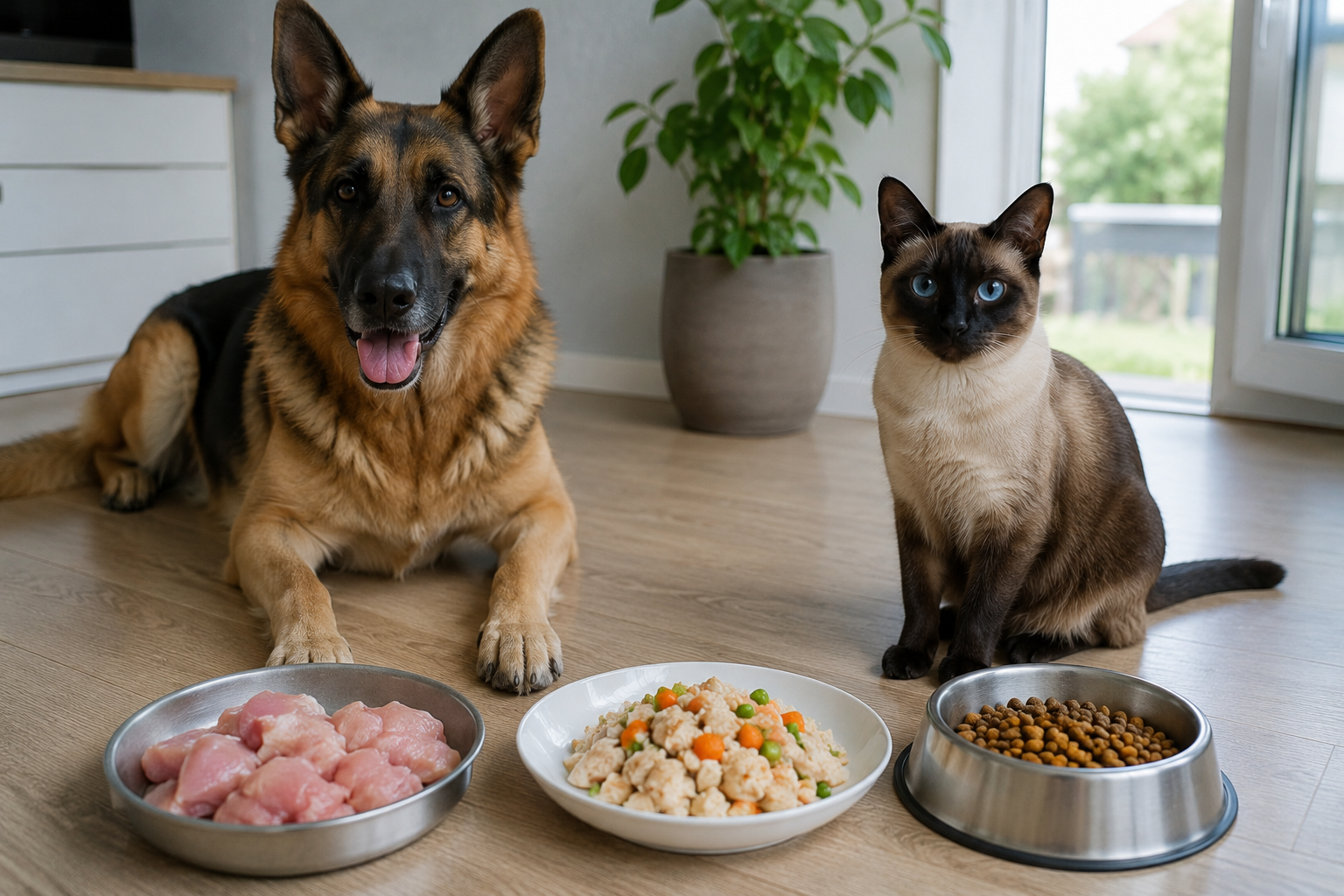 Healthy dog and cat after choosing appropriate complete pet food