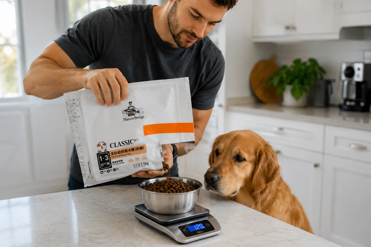 Measuring pet food portions according to feeding guidelines