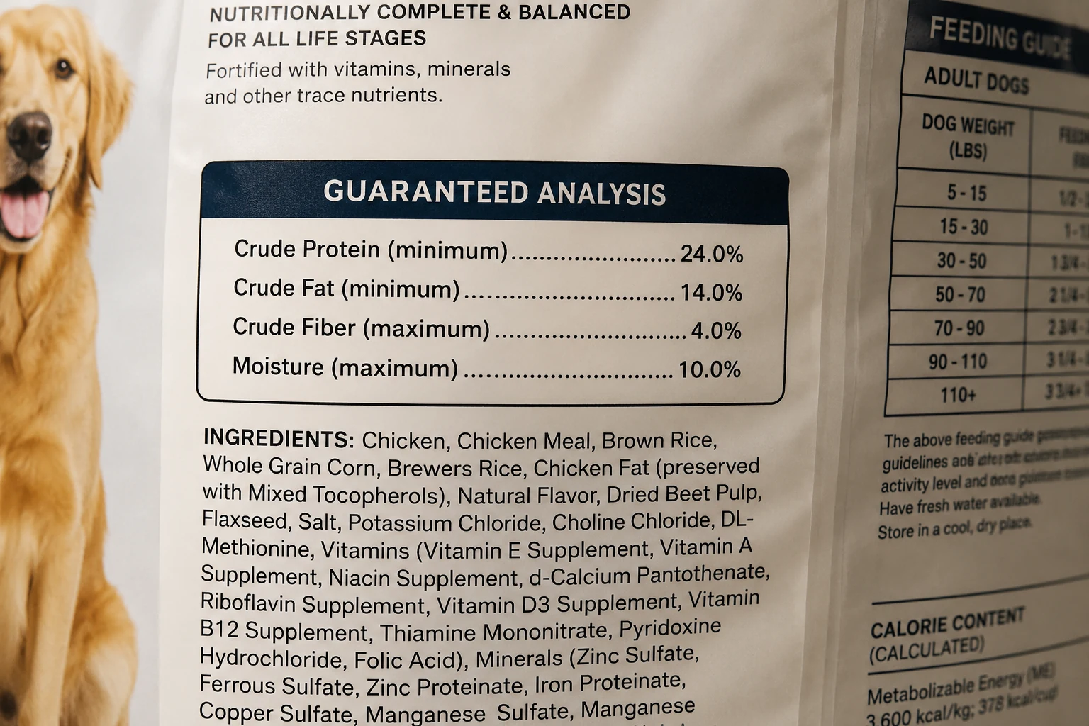Pet food guaranteed analysis showing protein fat fiber and moisture