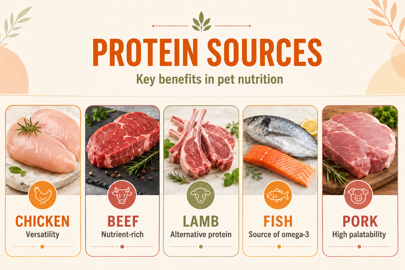 Comparison of pet protein sources including chicken, beef, lamb, fish and pork
